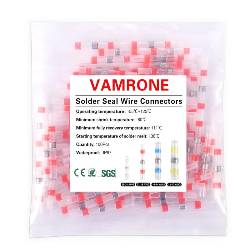 VAMRONE 100PCS Waterproof Solder Seal Wire Connectors AWG 22-18, Red Heat Shrink Butt Connectors Terminals Solder Sleeve Wire Splice Connector for Marine Boat Wire Joint - Image 1